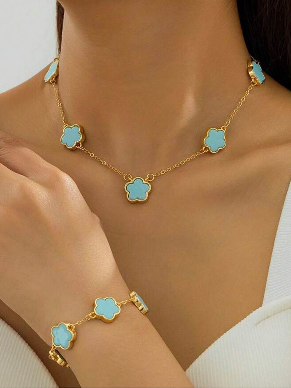 Kohl's Gold-Tone Necklace and Bracelet Set with Light Blue Clover Accents